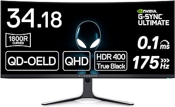 Photo 1 of Alienware AW3423DW Curved Gaming Monitor 34.18 inch Quantom Dot-OLED 1800R Display, 3440x1440 Pixels at 175Hz, True 0.1ms Gray-to-Gray, 1M:1 Contrast Ratio, 1.07 Billions Colors - Lunar Light
