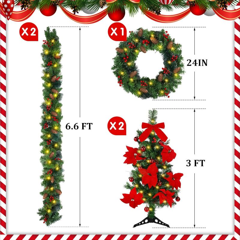 Photo 4 of (READ NOTES) Giegxin 5 Pcs Lighted Pre Lit Artificial Christmas Porch Tree Wreath Garland Set 3ft Xmas Entrance Trees 24in Wreath 13.2ft Garland Xmas Porch Decoration with Cone Red Berries for Door Fireplace Stair