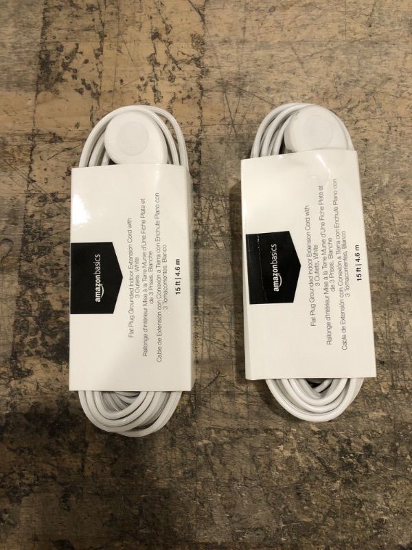 Photo 1 of 2 PACK Amazon Basics 15-Foot 3-Prong Flat Plug Grounded Indoor Extension Cord with 3 Outlets - 13 Amps, 1625 Watts, 125 VAC, White
