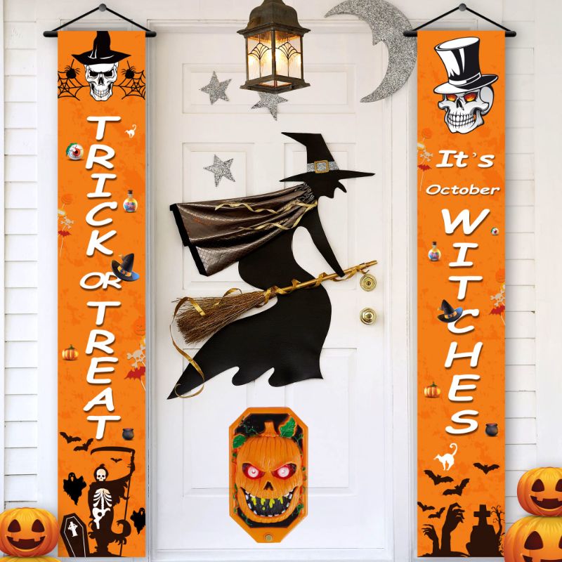 Photo 2 of 2 PACK KatchOn, Trick or Treat Halloween Banners for Outside - 72x12 Inch | Its October Witches Halloween Door Banner for Halloween Door Decorations | Halloween Decorations Outdoor, Halloween Party Banner Orange