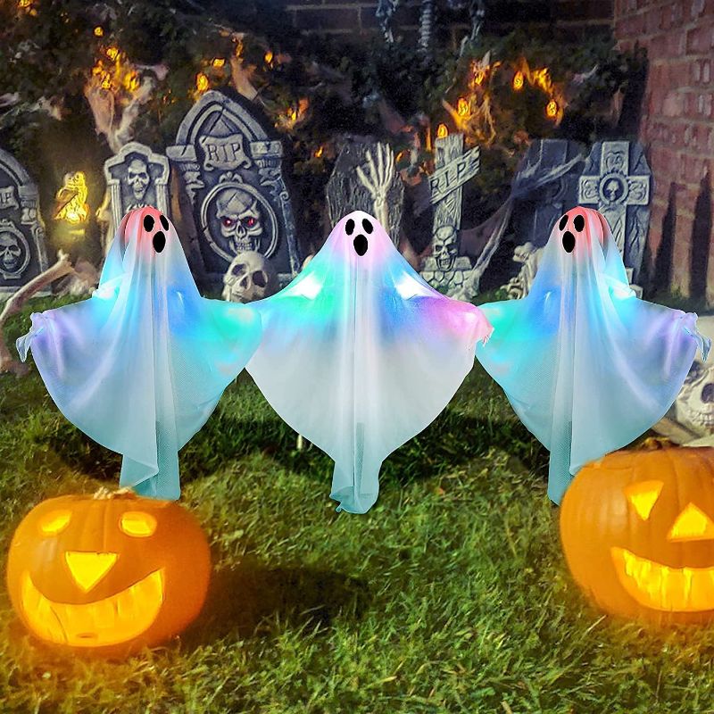 Photo 1 of 3 PCS Ghost Halloween Decor Lighted White Ghost Stakes,Light Up Multicolored Lights Cloth Halloween Ghost Yard Stakes,Garden Lawn Outside Haunted House Indoor Outdoor Ornament