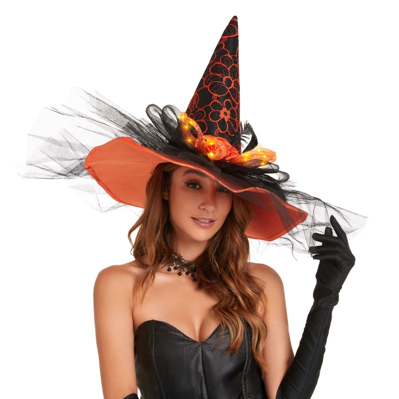 Photo 1 of Toiyason Halloween Women Witch Hat with LED Lights Costume Gauze Feathers Spiders Decoration for Festival Carnival Party Orange Flowers