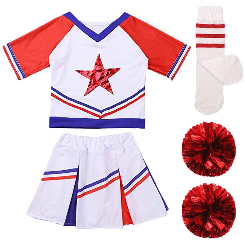 Photo 1 of Staringirl Girls Kids Cheerleader Uniform Dance Crop Top with Skirt Knee Socks Match Pom poms Set Dress Outfits Set White&red Short Sleeve 4-5 Years