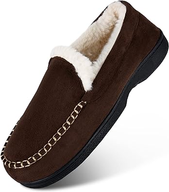 Photo 1 of Halendik Mens Warm Suede Moccasins House Slippers Memory Foam, Winter Soft Cozy Slip On Bedroom Slippers For Men with Plush Fuzzy Fleece Lined, Fluffy Comfy Indoor Shoes Home Loafers Non-slip
