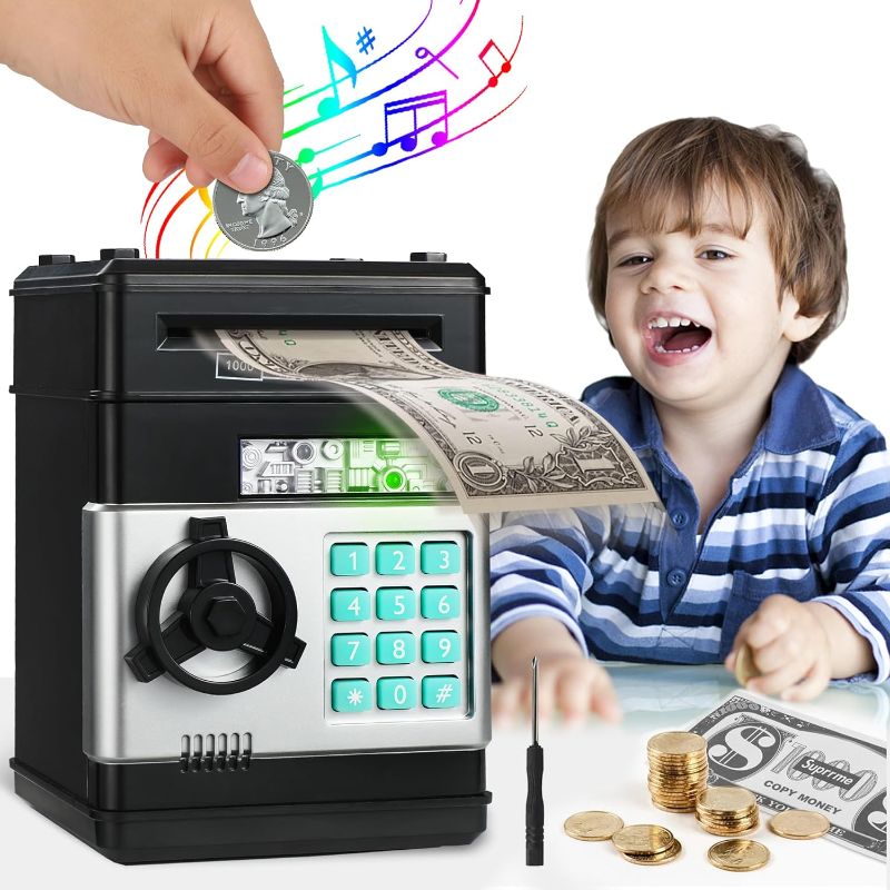 Photo 1 of Winjess Piggy Bank Boalord for Adults Kids Safe ATM Money Bank for Boys Girls Large Cash Coin Can ATM Bank Electronic Money Saving Box for Teen Gift Toys (Black)
