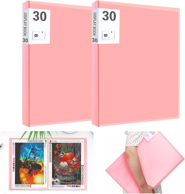 Photo 1 of A3 Diamond Painting Storage Book for Diamond Painting Kits, UPINS 2Pack 30 Pages Diamond Art Painting Portfolio Presentation Storage Book Folder Clear Pockets 11.8 X15.7inches (Pink)