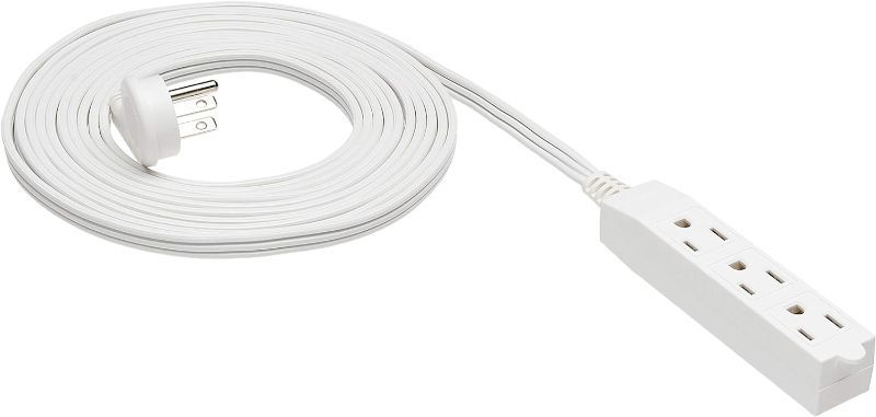 Photo 1 of Amazon Basics 15-Foot 3-Prong Flat Plug Grounded Indoor Extension Cord with 3 Outlets - 13 Amps, 1625 Watts, 125 VAC, White
