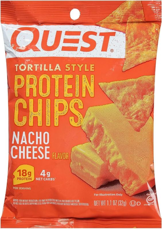 Photo 1 of 12 pack - Quest Nutrition Protein Tortilla Chips, Nacho Cheese, 18g Protein, 4g Net Carbs, 150 Calories, Low Carb, Gluten Free, Soy Free, Potato Free, Baked, 1.1oz Bag, Single Sample
