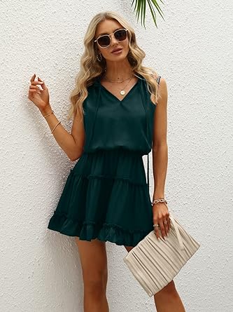 Photo 1 of ASXLAC Womens Ruffle Summer Mini Dress Ruffled Short Casual V Neck Flare Skater Dresses
