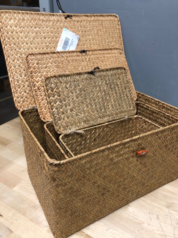 Photo 2 of 3 Pack, Wicker Baskets with Lids, Nautral Seagrass Storage Baskets, Woven Rectangular Basket Bins, Rattan Storage Organizer for Shelf