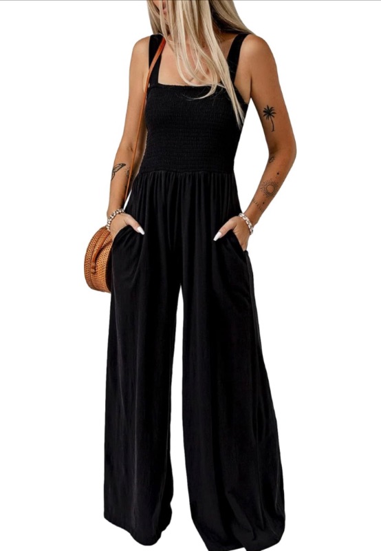 Photo 1 of WDIRARA Women's Shirred Sleeveless Wide Leg Cami Jumpsuit Pants with Pockets Black and size: Large 