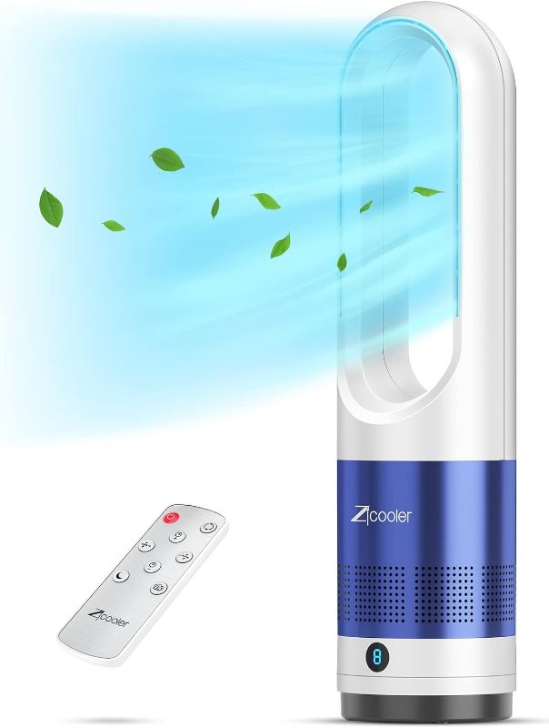 Photo 1 of **POWERS ON, **
ZICOOLER Bladeless Fan, 22" Tower Fan with Remote, 8 Speeds, 9H Timer, 80°Swing, Oscillating Fans for Home, 35dB Quiet DC Standing Floor Fan for Bedroom
