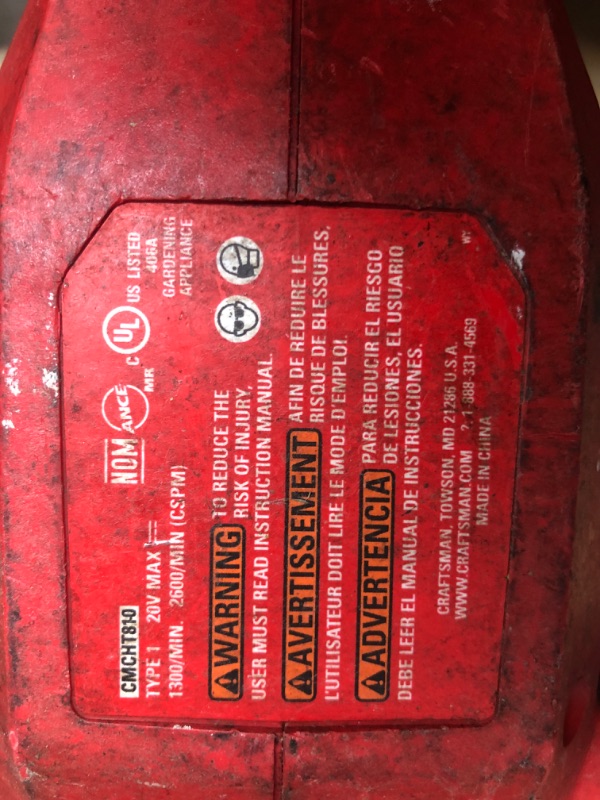 Photo 3 of ***TOOL ONLY!!**
CRAFTSMAN V20 20-volt Max 20-in Battery Hedge Trimmer 1.5 Ah
