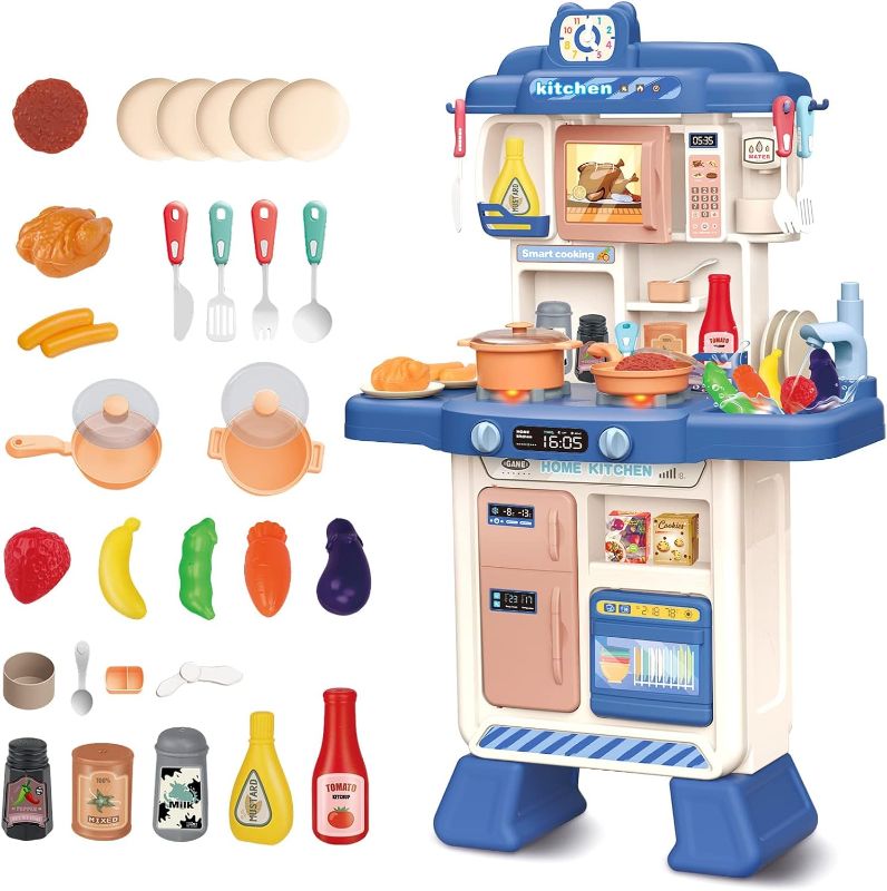 Photo 1 of deAO Kitchen Playset Toy with Sounds and Lights, Role Playing Game Pretend Food and Cooking Playset for Kids,35 PCS Kitchen Accessories Set for 3 4 5 Years Old Girls Boys (Blue)
