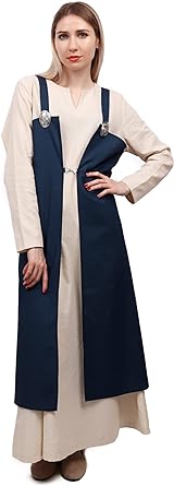 Photo 1 of KUOIN Women's Medieval Linen Apron Renaissance Peasant Over Dress Costume with Brooches
