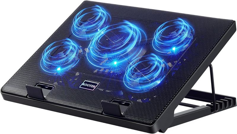 Photo 1 of Kootek Laptop Cooling Pad 12"-17" Cooler Pad Chill Mat 5 Quiet Fans LED Lights and 2 USB 2.0 Ports Adjustable Mounts Laptop Stand Height Angle, Blue
