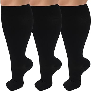 Photo 1 of 3 Pack Plus Size Compression Socks for Women & Men, 15-20mmHg Extra Wide Calf Knee High Stockings for Circulation Support 2XL
