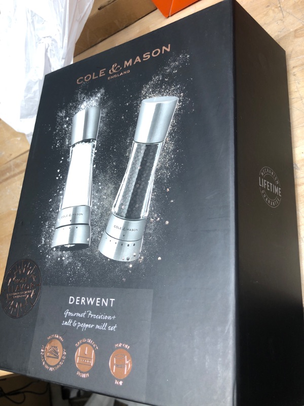 Photo 2 of COLE & MASON Derwent Salt and Pepper Grinder Set - Stainless Steel Mills Include Gift Box, Gourmet Precision Mechanisms and Premium Sea Salt and Peppercorns Stainless Steel Stainless Steel