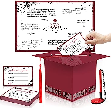 Photo 1 of 2023 Graduation Party Supplies Decorations - Signature Guest Book Board and Signature Pen, 50 Graduation Advice Cards and Graduation Card Box Holder - Sign 2023 Graduation Decorations - Maroon
SET OF 4