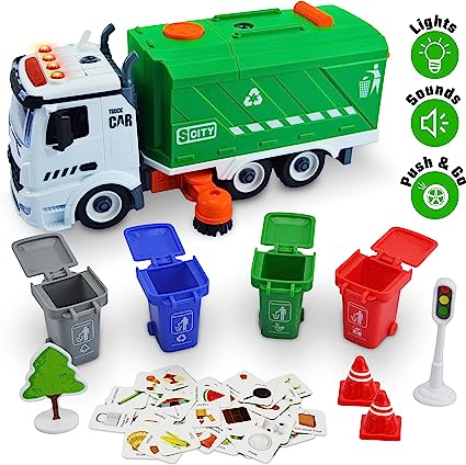 Photo 1 of 71 PCS Take Apart Garbage Truck Playset – 1:12 SCALE Push & Go + Electric Drill, Sounds & Lights, Road Signs Set, 4 TRASH CANS & 40 FLASH CARDS for Learning – Recycling Truck for boys ages 4 5 6 7 8 +
