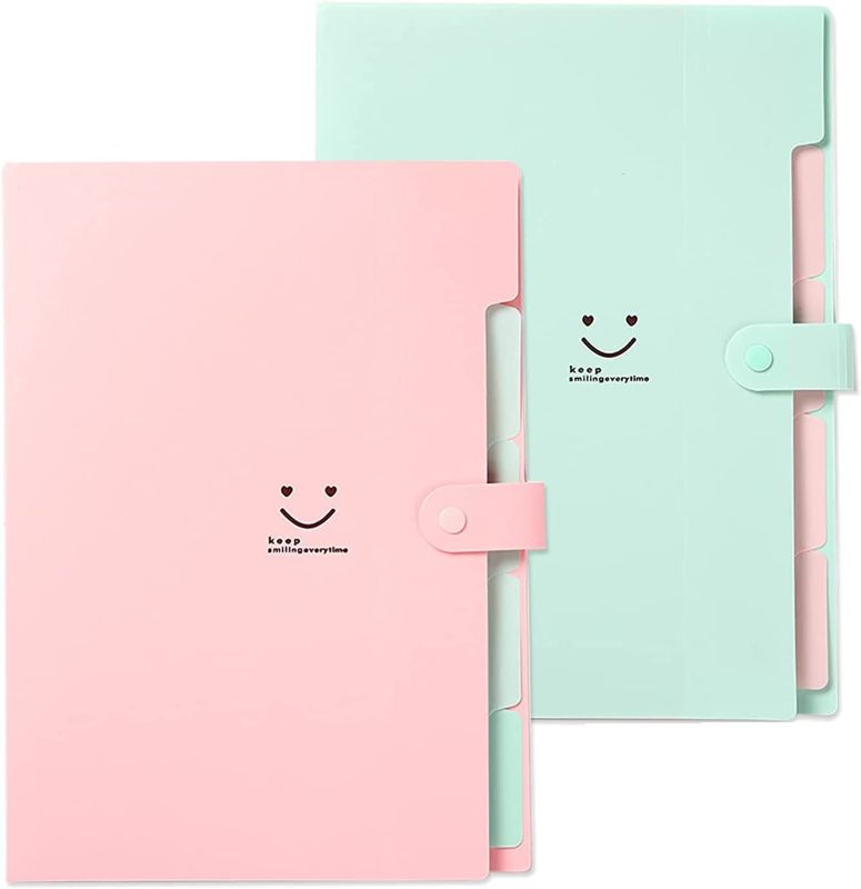 Photo 1 of 2 Expanding File Folders, Plastic Paper Organizer Folder with Labels, Letter A4 Paper Expanding Folder with Snap Closure, Cute Folders with 5 Pockets (2pk) 
