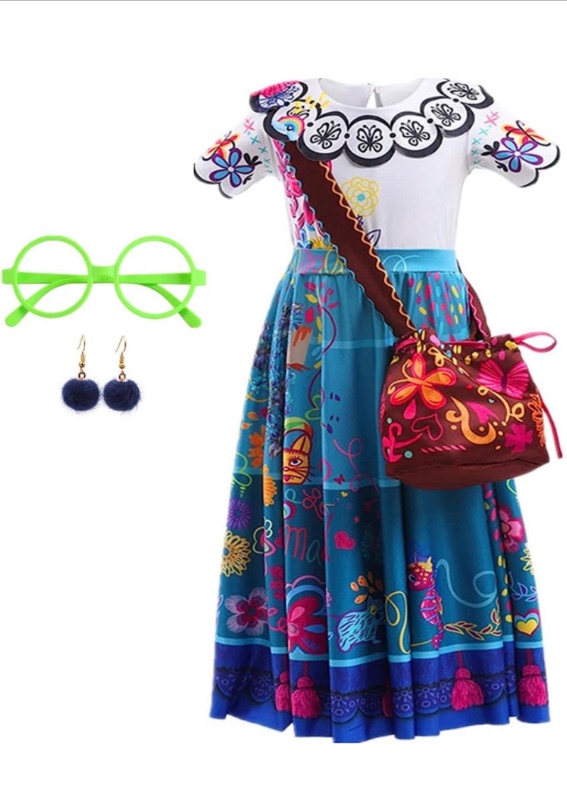 Photo 1 of LZH Encanto Mirabel Costume Dress For Girls Cosplay Isabela Madrigal Princess Halloween Dress Up With Glasses Earrings
 SIZE 4-5 Years