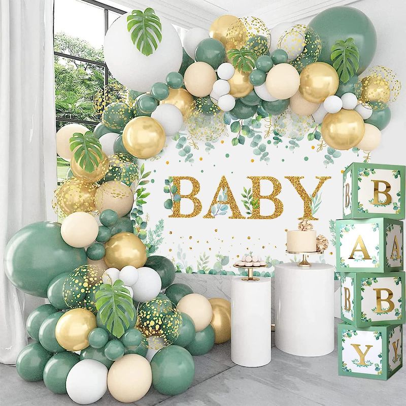 Photo 1 of 125 PCS Sage Green Baby Shower Decorations for Boy or Girl - Baby Shower Decor, Retro Green with Gold Balloons