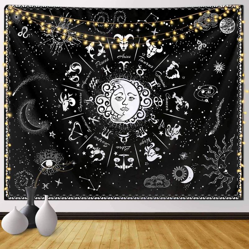Photo 1 of  Zodiac Tapestry for Bedroom Black and White Constellation Tapestry Astrology Tapestry For Home Decor 60x82 Inches | Black Tapestry Sun Moon Tapestry Zodiac Sign Tapestry for Dorm Room Decoration 4 Constellation M 60''x82''