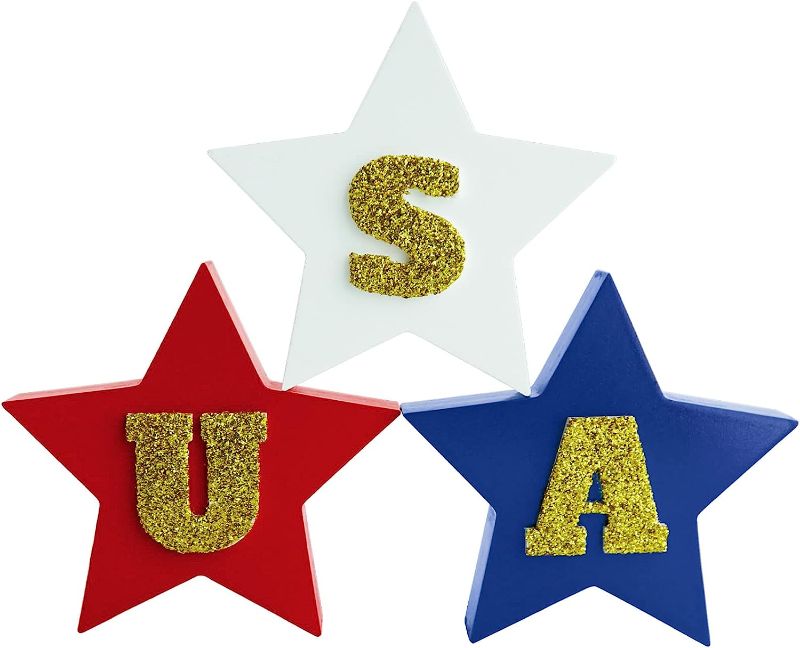 Photo 1 of (TWO PACK BUNDLE) 4th of July Wooden Signs Decorations, 3D Glittle Letter USA Patriotic Decorations for Home, Wooden Star Signs for Independece Day, Farmhouse 4th of July Table Decorations,Memorial Day Decor