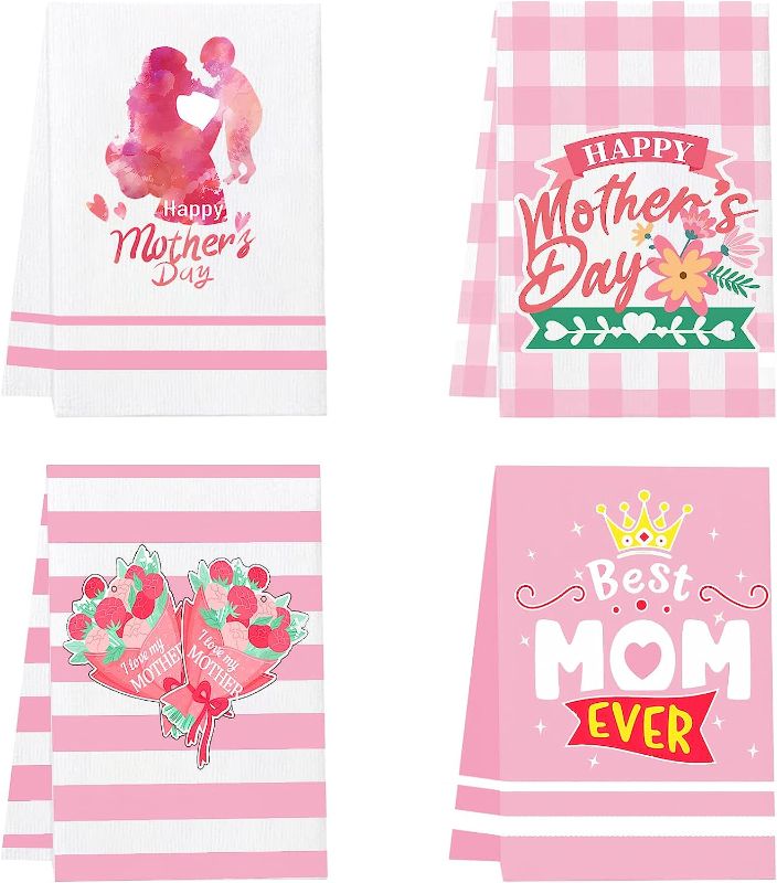 Photo 1 of (TWO PACK BUNDLE) ANYMONYPF Happy Mother's Day Kitchen Towels Set of 4 Best Mom Ever Dish Towels 18 x 26 Inch Happy Mother's Day Kitchen Hand Towels Printed for Mother's Day Supplies 