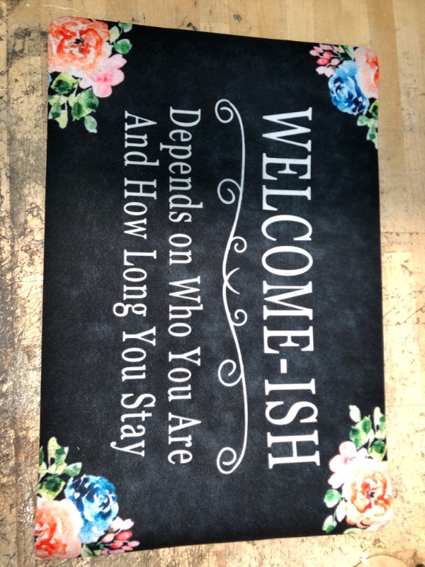 Photo 1 of 23X15" BLACK/FLORAL PRINT WELCOM-ISH FRONT DOOR MAT