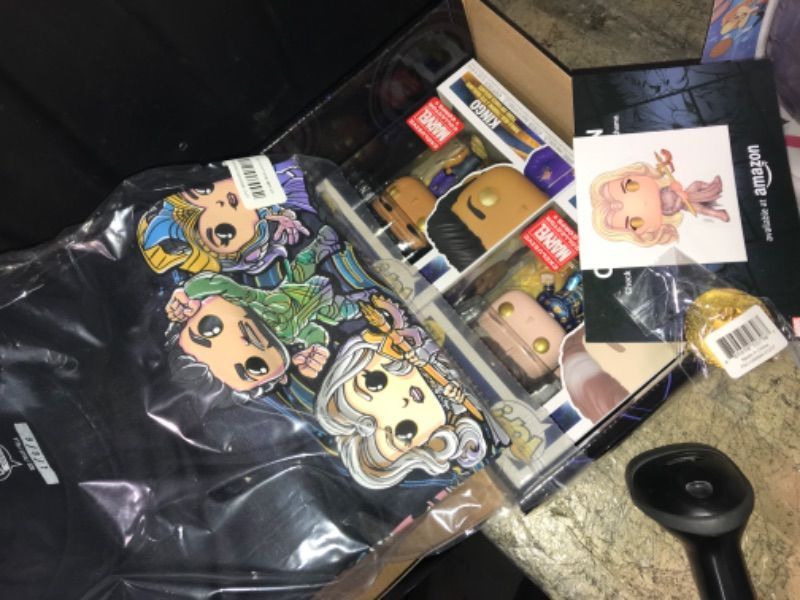 Photo 1 of 5 PC Funko Pops & Accessories Mystery Box (1 Black T-Shirt, 1 Gold Pin, 2 Funko Eternals Marvel Collection Corps Set & 1 Sticker) 