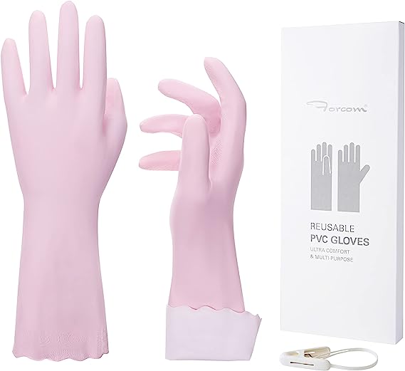 Photo 1 of (TWO PACK BUNDLE) PACIFIC PPE 2 Pairs Reusable Kitchen Gloves, PVC Dishwashing Gloves, Latex Free, Pink, Medium