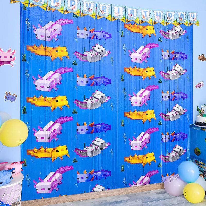 Photo 1 of (FOUR PACK BUNDLE) Bupelo Pixel Game Themed Party Supplies,2 Packs of Axolotl Tinsel Foil Fringe Curtains, Miner Themed Photo Booth Prop Backdrop Streamer, Axolotl Birthday Party Decorations, Room Decor for Kids 
