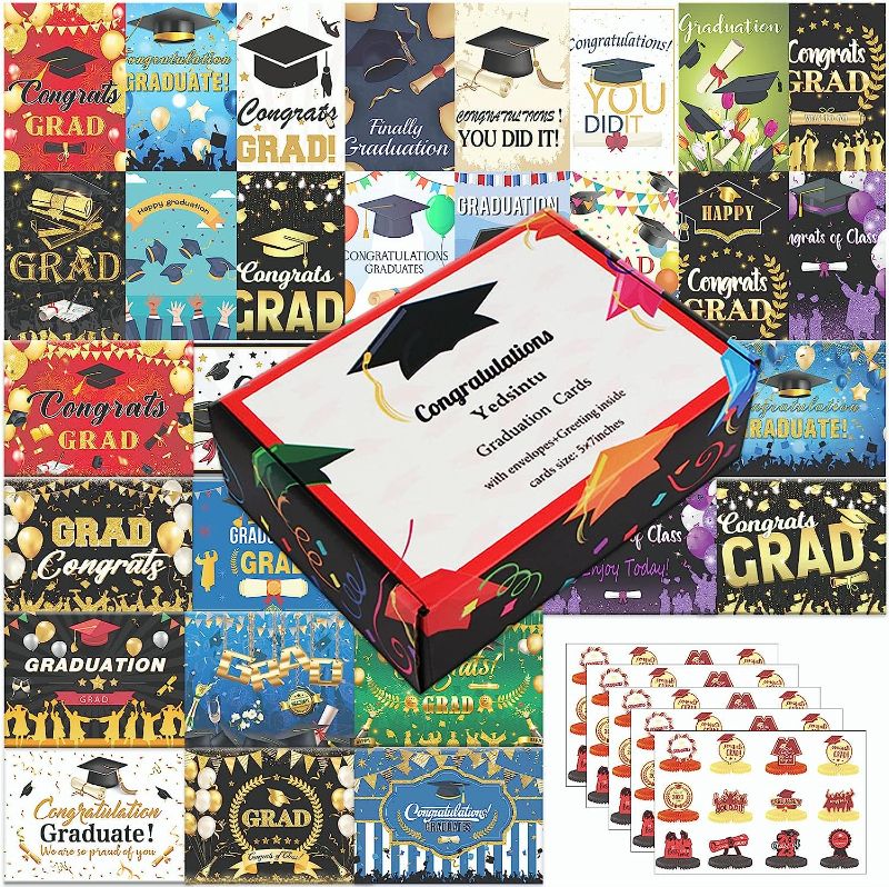 Photo 1 of 32 Unique Graduation Cards 2023, Assorted Graduation Cards With Greetings Inside, Happy Graduation Cards Bulk With Envelopes and Stickers, 5 x 7 inches Congrats Grad Party Greeting Cards Box Set 