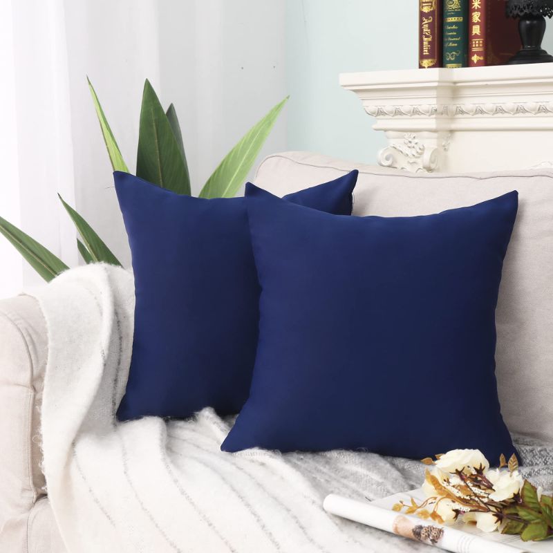 Photo 1 of 2 PACK(4 PIECES TOTAL)MUMFAS Pack of 2 Solid Throw Pillows Covers Luxury Soft Cushion Cover Euro Sham with Zipper Hidden Square Cushion Case for Couch Bed Chair Bedroom Living Room?18X18 Inches?Navy Blue? 18X18 Navy