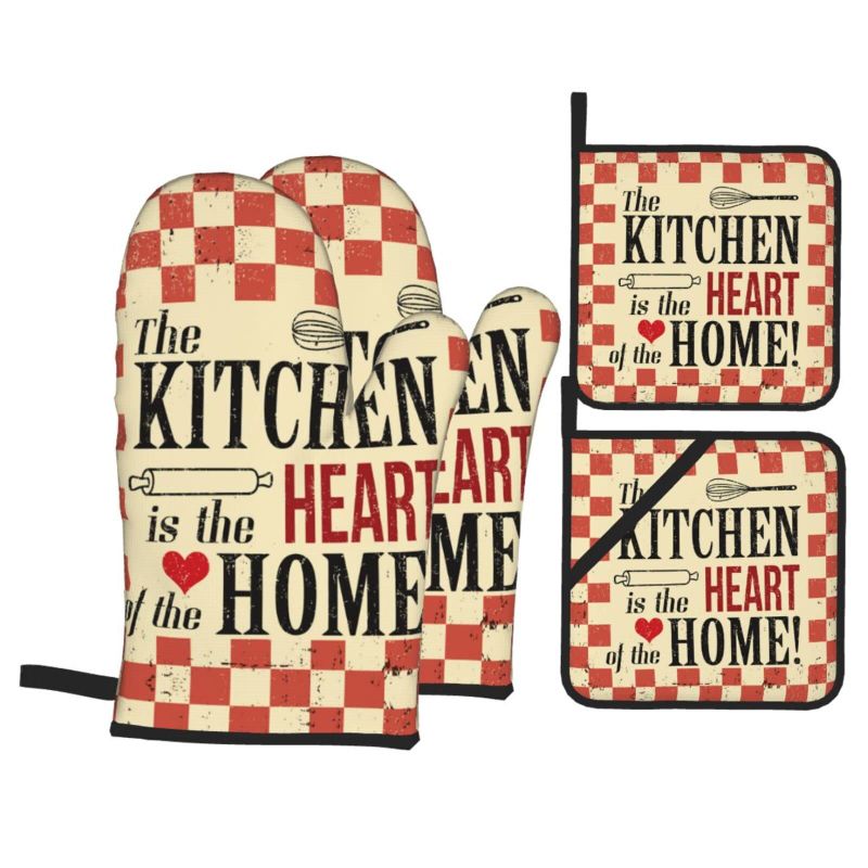 Photo 1 of 2 PACK AMZY The Kitchen is The Heart of The Home Oven Mitts and Pot Holders Sets of 4,Resistant Hot Pads with Polyester Non-Slip BBQ Gloves for Kitchen,Cooking,Baking,Grilling, One Size