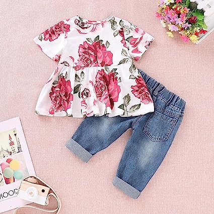 Photo 1 of  Girls Clothes Outfits, Cute Baby Girl Floral Short Sleeve Pant Set Flower Ruffle Top 3-4T