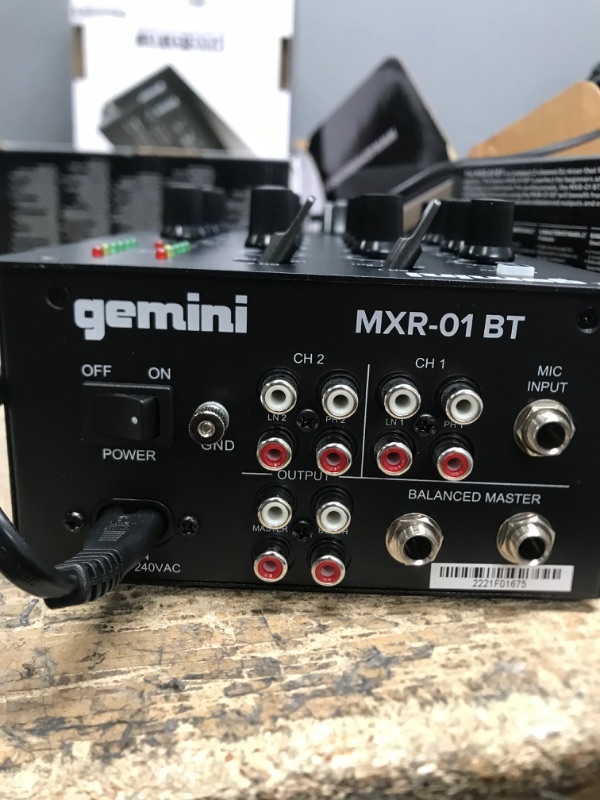 Photo 4 of **item turns on**unable to test further**
Gemini MXR-01BT 2-Channel Professional DJ Mixer with Bluetooth Input
