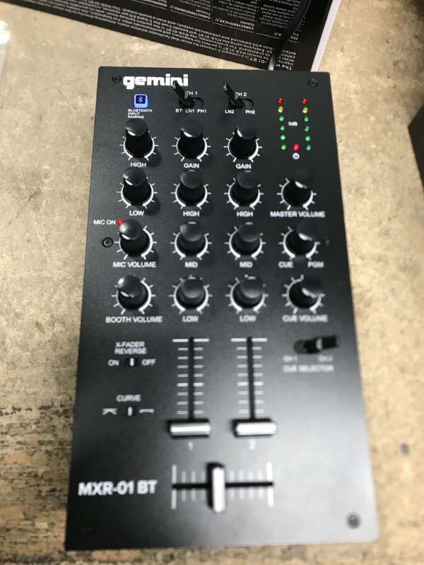 Photo 5 of **item turns on**unable to test further**
Gemini MXR-01BT 2-Channel Professional DJ Mixer with Bluetooth Input
