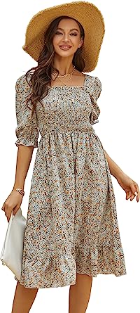 Photo 1 of Women's Puff Sleeve Cottagecore Disty Floral Ruffle Shirred Frill Smocked Midi Dress size XL