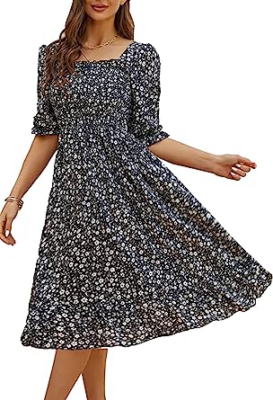 Photo 1 of Women's Puff Sleeve Cottagecore Disty Floral Ruffle Shirred Frill Smocked Midi Dress size medium
