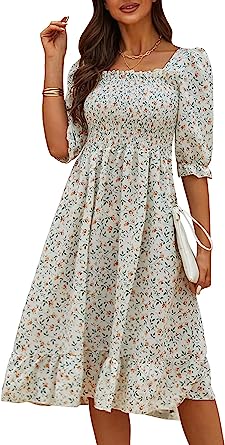 Photo 1 of Women's Puff Sleeve Cottagecore Disty Floral Ruffle Shirred Frill Smocked Midi Dress size large
