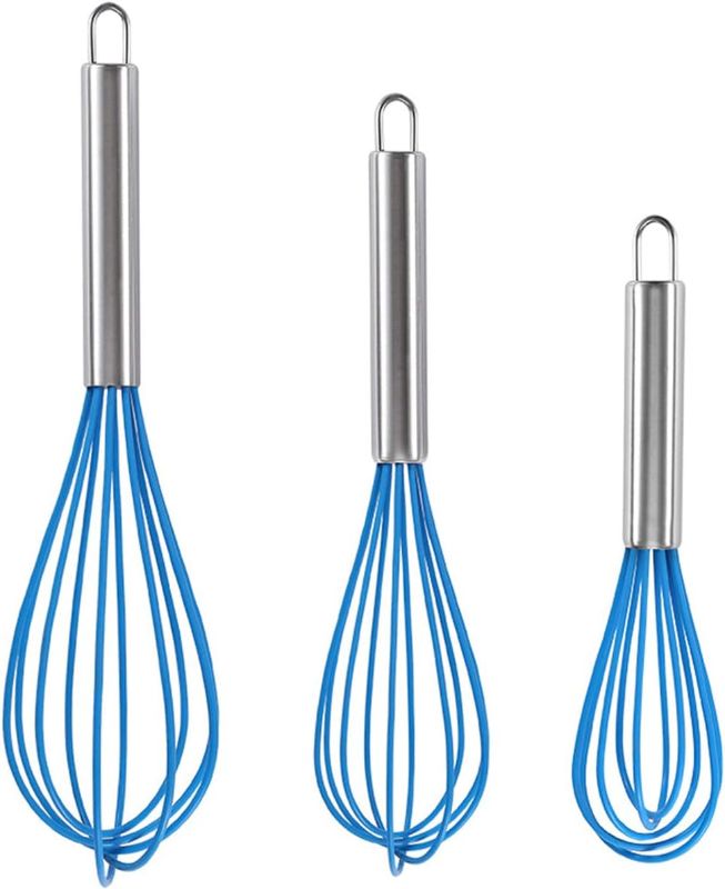 Photo 1 of 2pcks of Silicone Whisk, Stainless Steel Wire Whisk Set 8" 10" 12", Kitchen Whisks for Cooking, Balloon Egg Beater Perfect for Blending, Whisking, Beating, Frothing & Stirring (Blue)