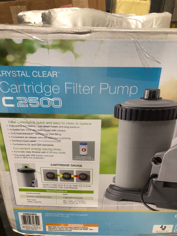 Photo 2 of **item incomplete**missing parts**
Intex Krystal Clear Cartridge Filter Pump for Above Ground Pools, 2500 GPH Pump Flow Rate, 110-120V with GFCI, system fl