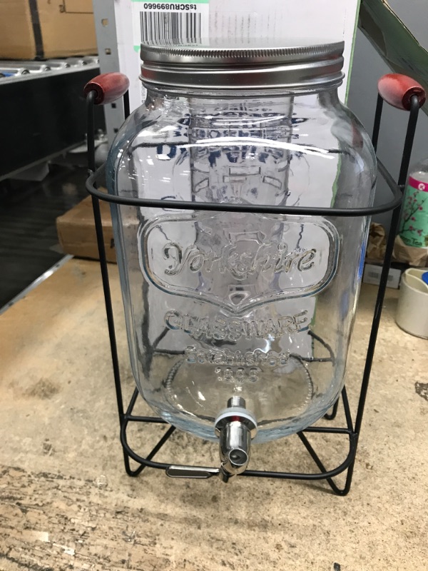 Photo 1 of 2 Gallon Glass Beverage Dispenser, Metal Base, Stainless Steel Spigot & Hanging Chalkboard - Outdoor Drink Dispenser for Lemonade, Tea, Cold Water & More 2 Gallon with Black Stand