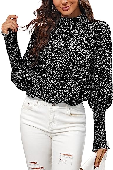 Photo 1 of DOBULO Womens Summer Mock Neck Floral Printed Shirt Long Lantern Sleeve Casual Blouse
