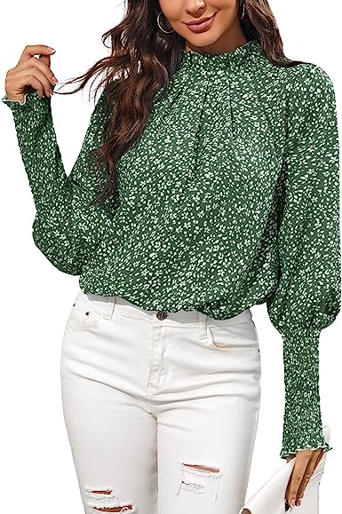 Photo 1 of DOBULO Womens Summer Mock Neck Floral Printed Shirt Long Lantern Sleeve Casual Blouse
