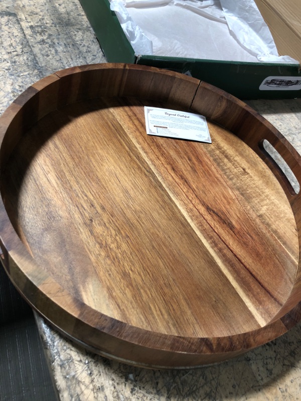 Photo 3 of 14" Wooden Tray, Natural Acacia Wood, Lazy Susan Rotating Mechanism Base Serving Tray Round, Carved Handles & Rimmed Edge Rustic Centerpiece Display