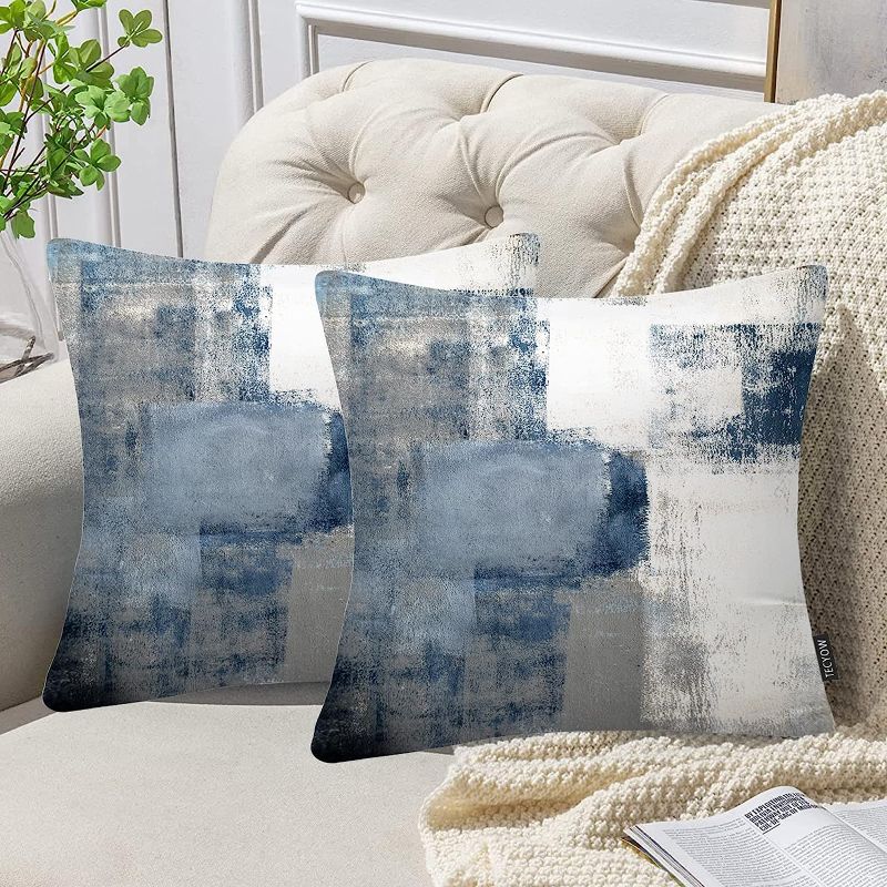 Photo 1 of PACK OF 2** TECYOW Throw Pillow Covers 16x16, Decorative Soft Velvet Couch Pillow Covers Set of 2, Modern Abstract Outdoor Square Cushion Pillowcases for Farmhouse Sofa Bedroom Living Room Car, Blue and Grey